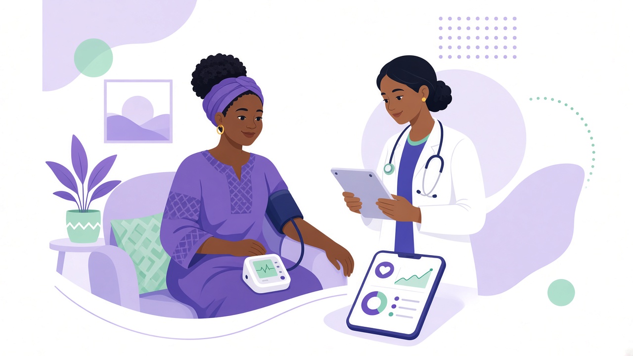 Patient checking blood pressure with a health worker